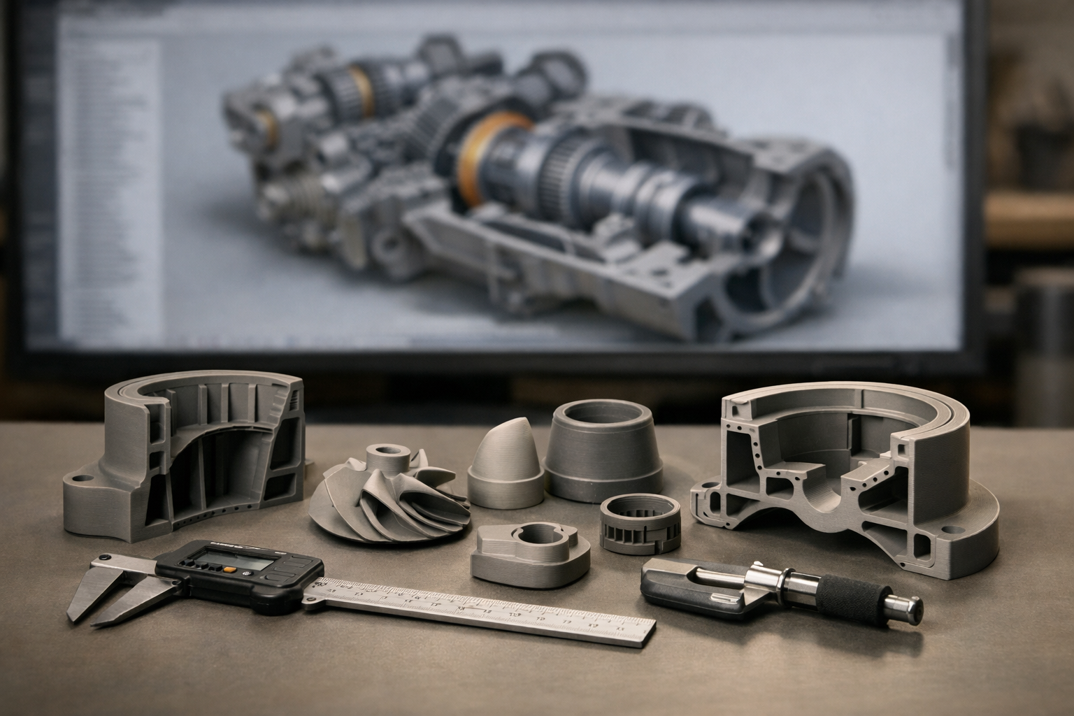 3D-printed mechanical components on a table with a computer screen displaying a similar model in the background.