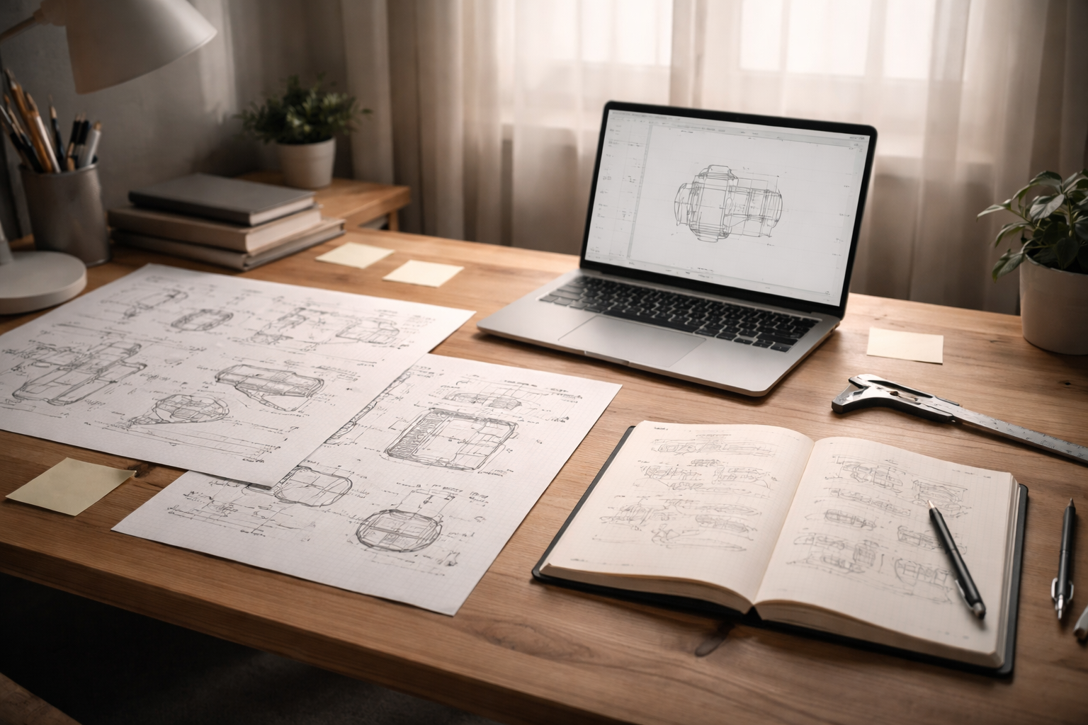 Work desk with laptop, notebook, and architectural drawings