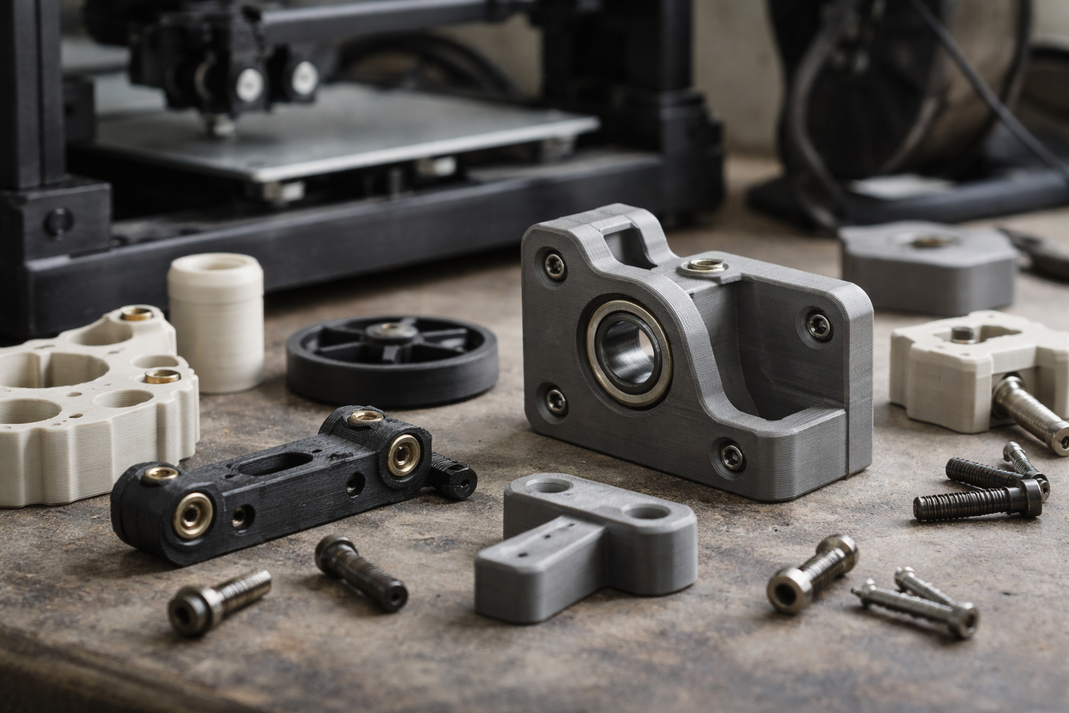 3D printed components on a workbench with a 3D printer in the background