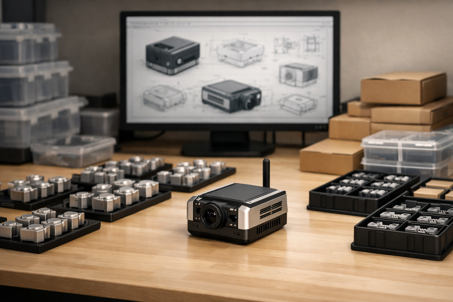 Small device on a table with packaging and a computer screen displaying product designs in the background.