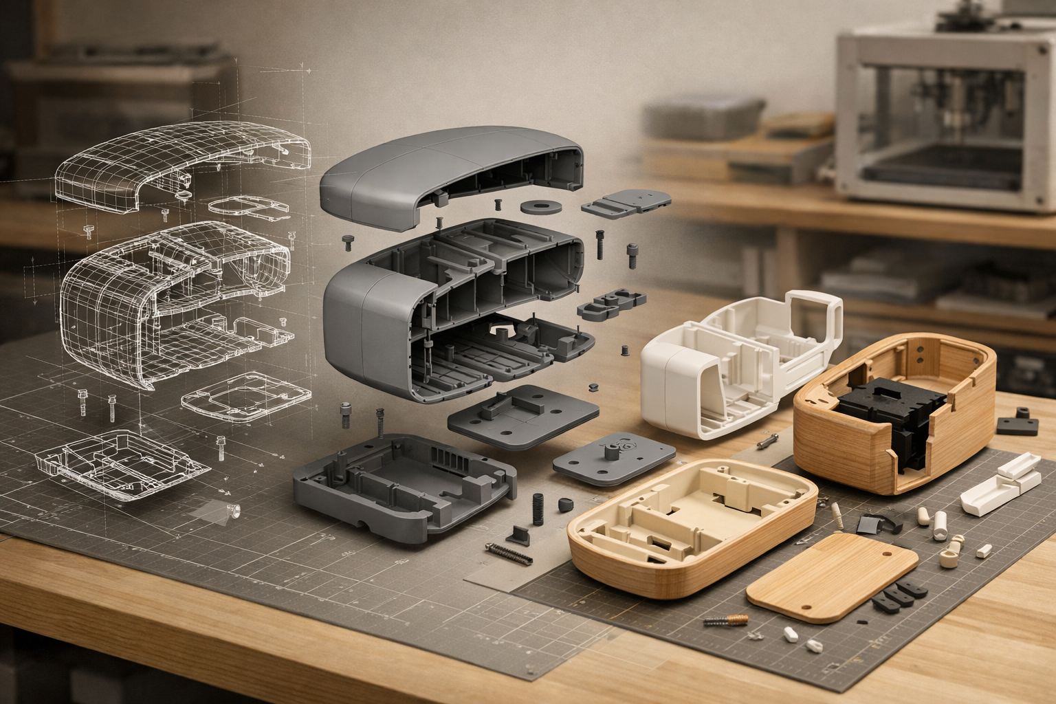 Disassembled electronic device housing on a workbench with a 3D printer in the background