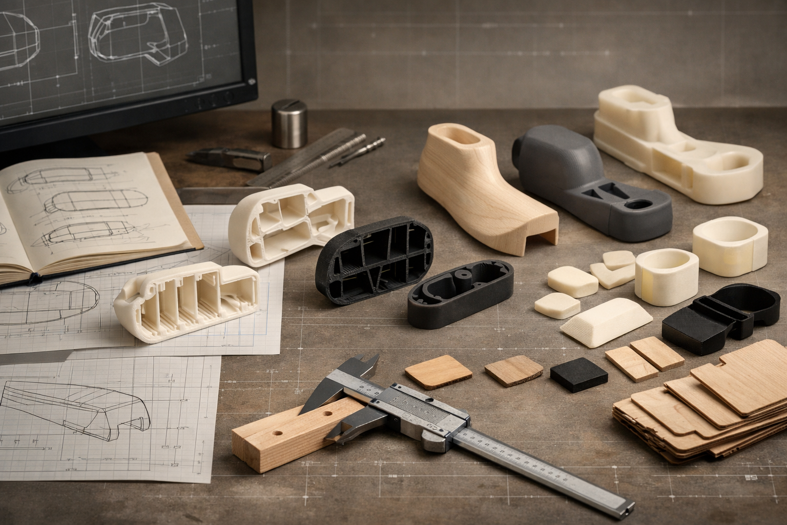 3D printed models and tools on a workbench with blueprints in the background