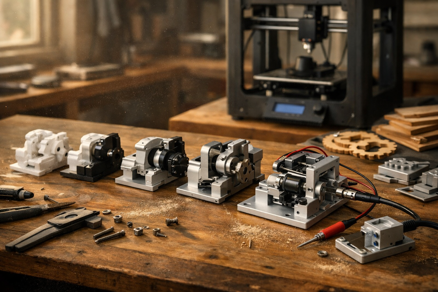 Mechanical components and a 3D printer on a wooden workbench