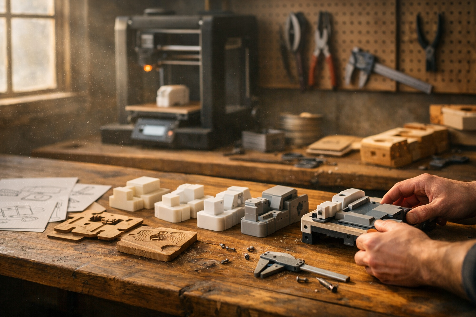 Workbench with 3D printed objects and a person using a tool, with a 3D printer in the background.