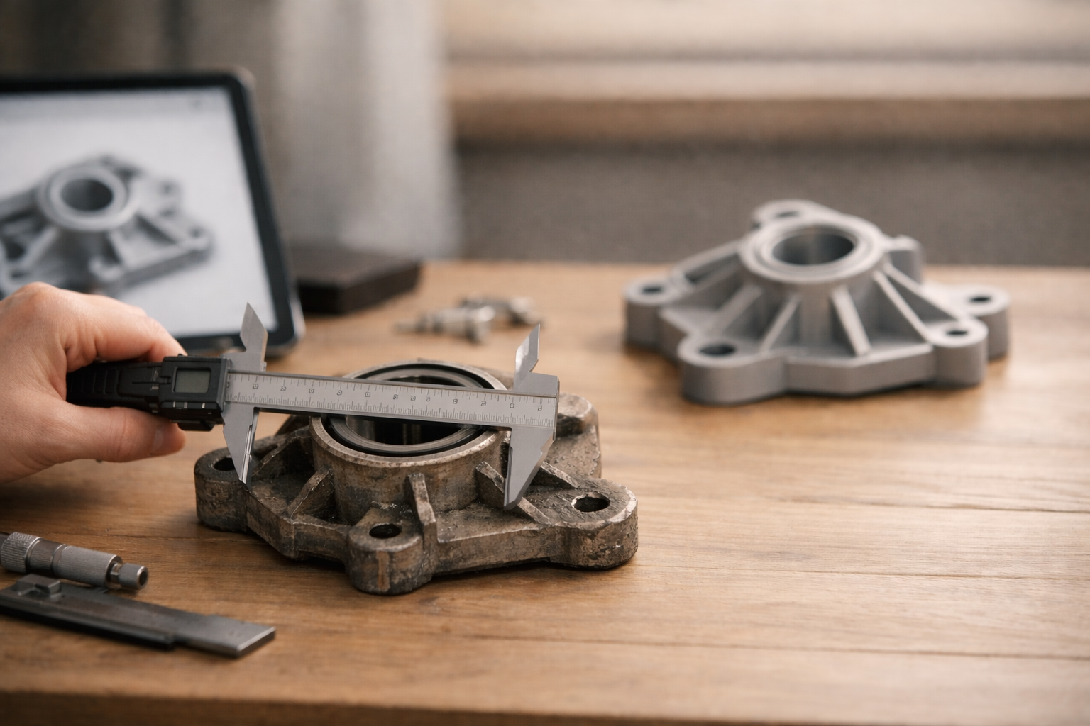 Person measuring mechanical part with calipers on a wooden table, laptop displaying 3D model in the background.