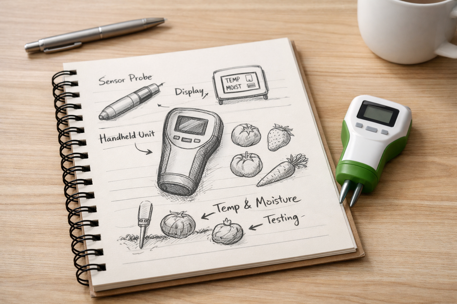 Notebook with diagrams of a device for temperature and moisture testing, next to a digital thermometer and a cup on a wooden surface.